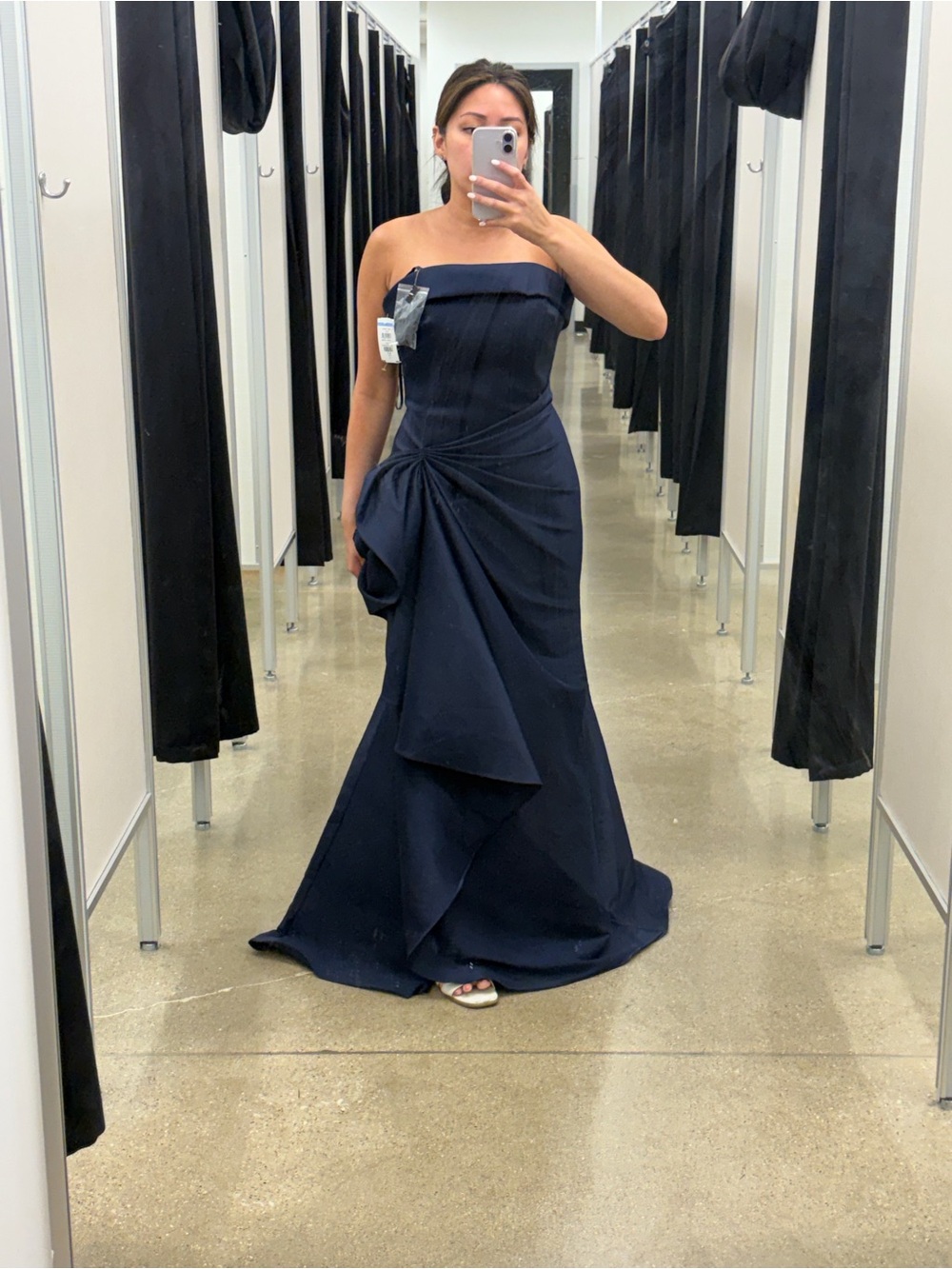 Satin Draped Navy Blue Evening Gown - Picture 5 of 12
